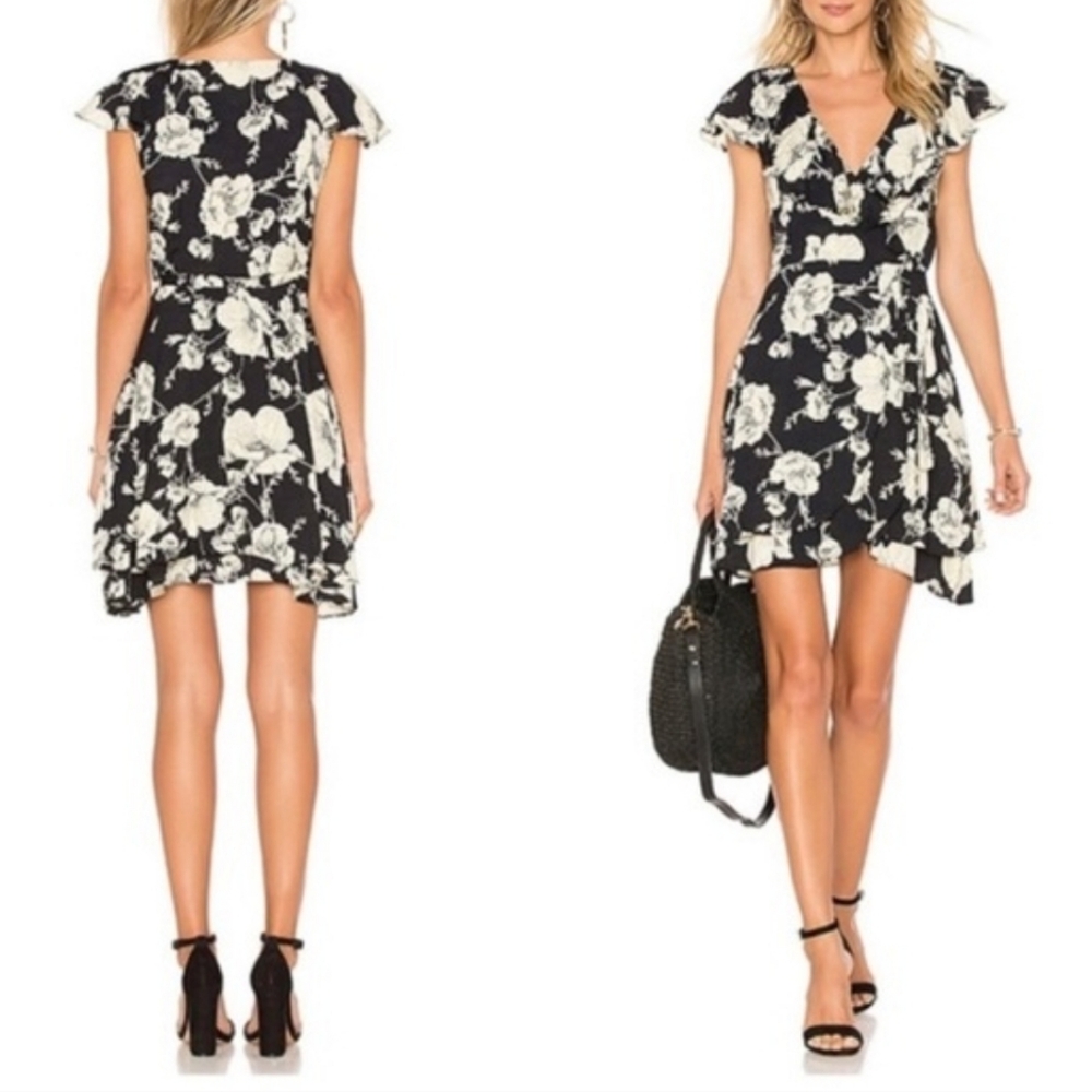 Free People French Quarter Mini Dress Flutter Cap Sleeve Faux Wrap Onyx S M  NWT